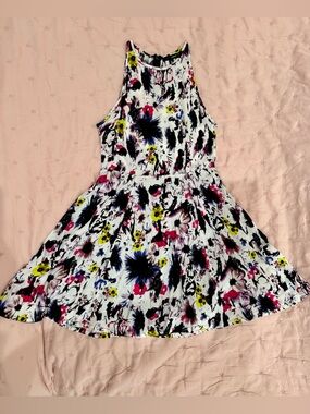 Aqua White Floral Halter Dress with Pink, Yellow and Navy Accents